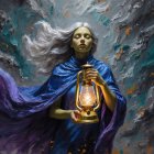 Mystical woman in blue with glowing lantern and abstract background