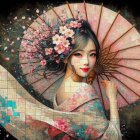 Young Woman in Colorful Kimono with Pink Parasol