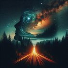 Surreal Landscape with Cosmic Elements and Silhouette