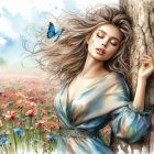 Serene Woman in Meadow with Butterfly and Tree