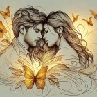 Intricate Illustration of a Couple Surrounded by Butterflies