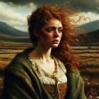 Young woman in vintage attire in dramatic landscape