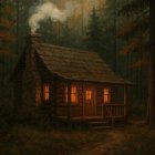 Cozy log cabin in a twilight forest setting