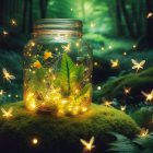 Magical Forest Scene with Glowing Jar and Fairies