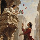 Romantic Scene of Woman in White Dress on Balcony