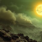 Surreal Alien Landscape with Rugged Terrain and Sun