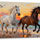 Horses Galloping Through Water at Sunset on Beach