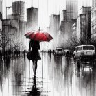 Woman in Black Dress with Red Umbrella in Rainy City