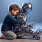 Child and Robot Embrace in Softly Lit Setting