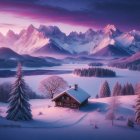 Serene Winter Landscape with Cozy Cabin and Mountains