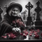 Elderly Woman Mourning at Grave in Rainy Graveyard