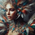 Portrait of a woman with feathers and intricate jewelry