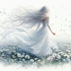 Ethereal Figure in White Dress Among Daisies