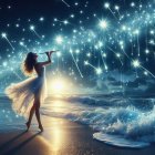 Graceful Figure Playing Flute on Moonlit Beach