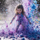 Young girl splashing in vibrant paint puddle outdoors