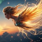 Mythical Figure with Wings in Twilight Sky