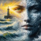 Fusion of Woman's Face and Ocean Waves in Artwork