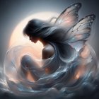 Serene Figure with Silver Hair and Butterfly Wings