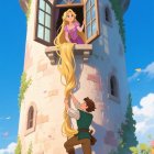Young woman in pink dress leans from stone tower