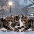 Fluffy Tabby Kittens Playing in the Snow with Ball