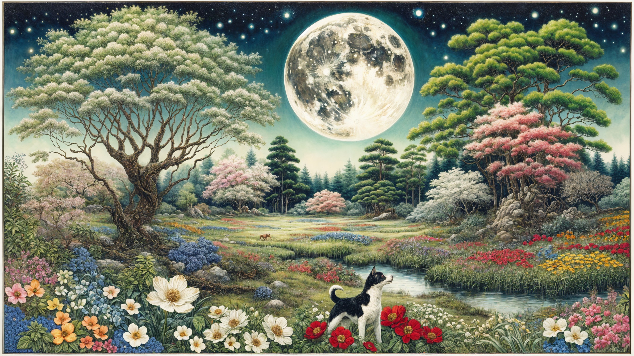 Serene landscape with full moon and vibrant flowers