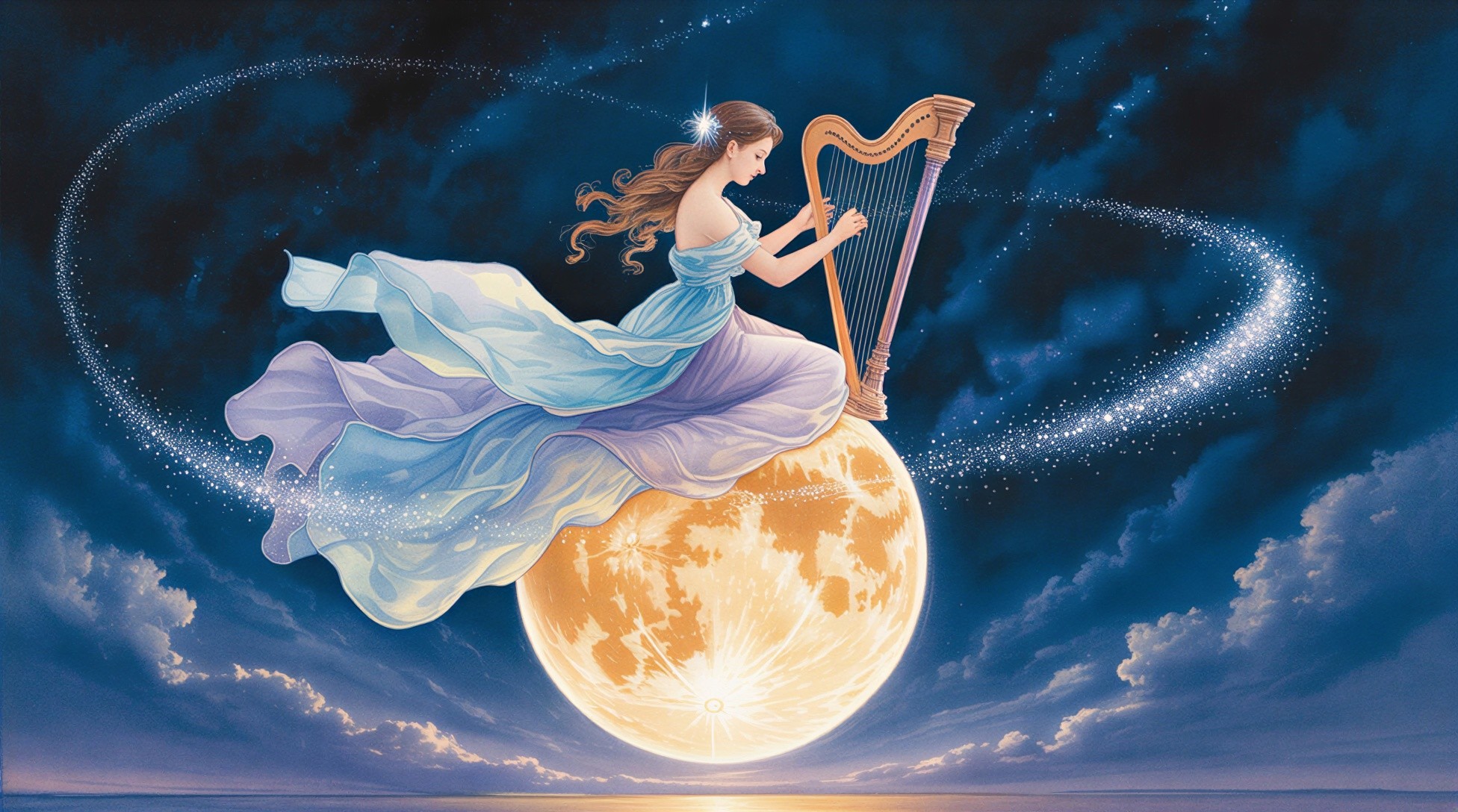 Woman in Light Blue Gown Playing Harp on Full Moon