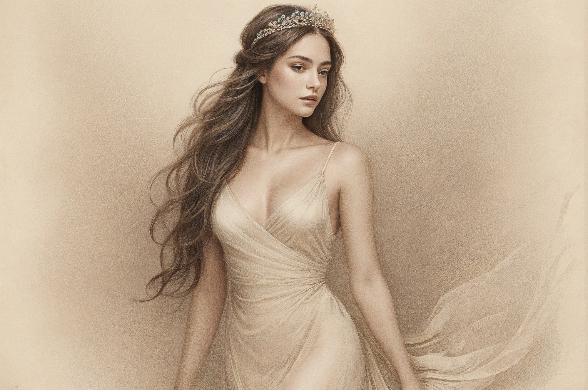 Full-body portrait of a young woman in a slip dress