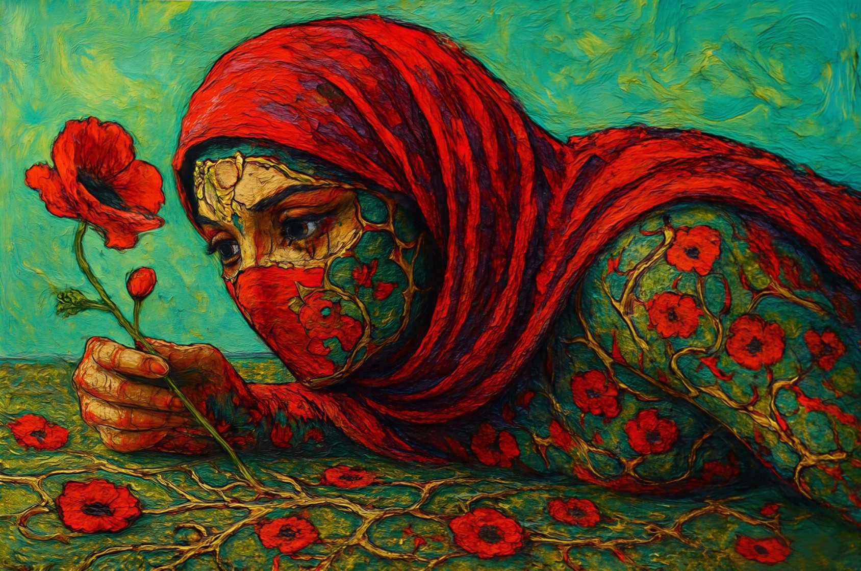 Expressionist painting of a woman with red veil and poppies