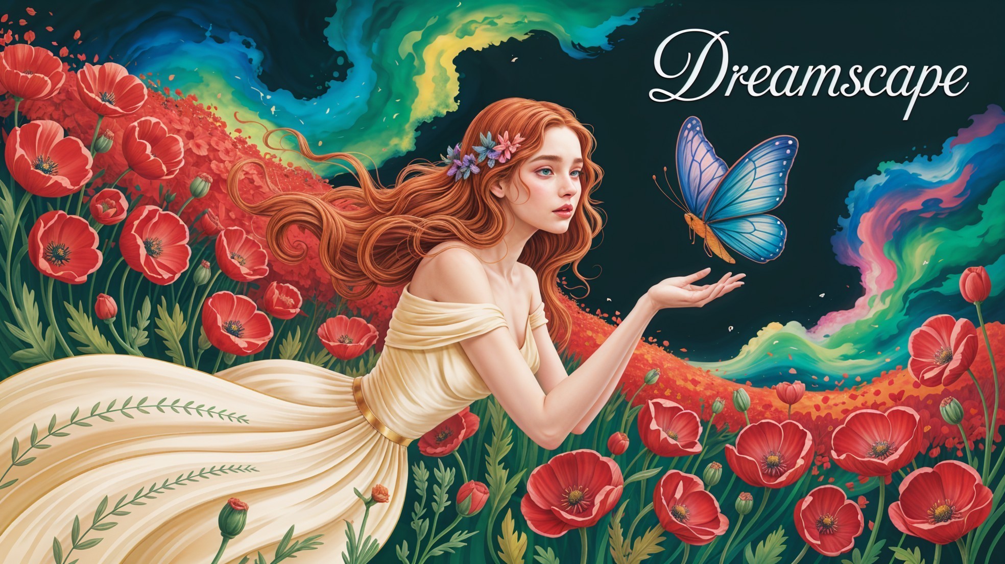 Young woman in cream dress with butterfly and poppies