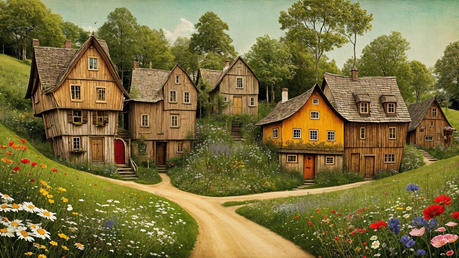 Charming Village Scene with Wooden Houses and Gardens