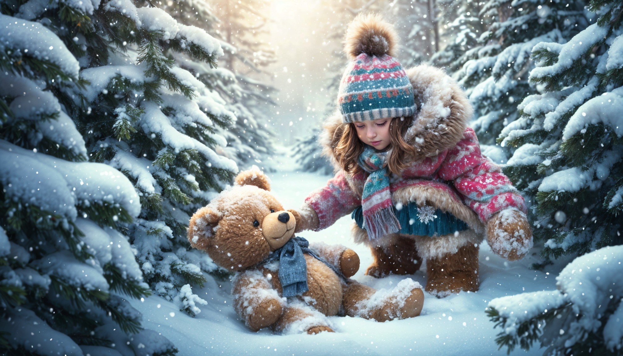 Winter Forest Scene with Girl and Teddy Bear