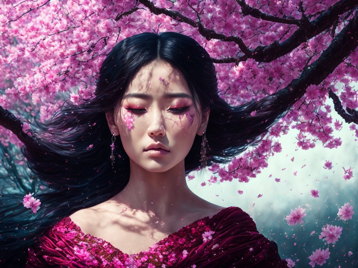 Young woman under cherry blossoms with flowing hair