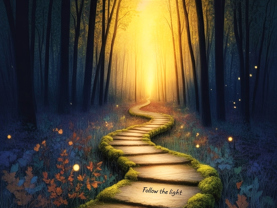 Serene Forest Path with Autumn Leaves and Fireflies