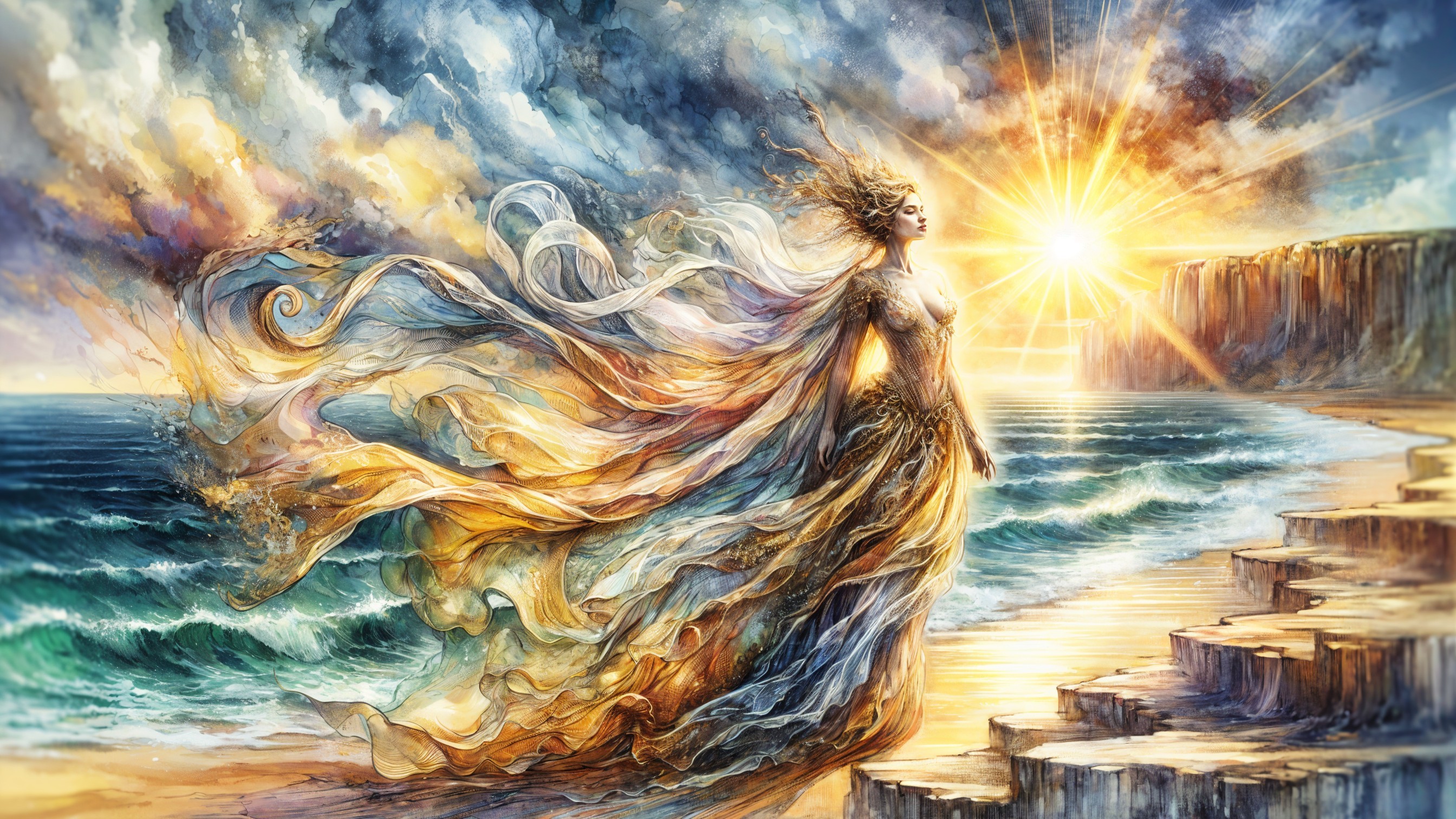 Majestic Figure on Rocky Shore at Sunrise