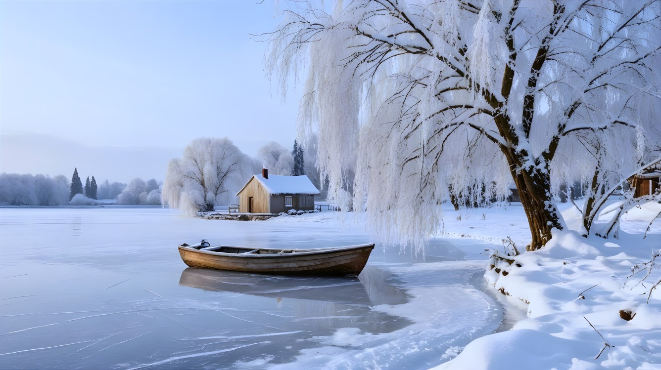 Serene Winter Landscape with Boat and Frosted Cabin
