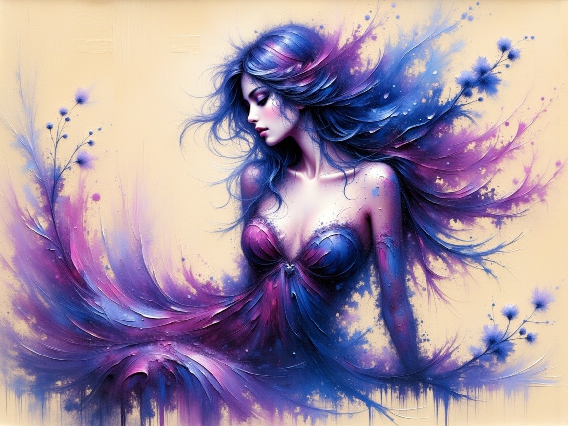 Stunning Woman with Flowing Blue and Purple Hair