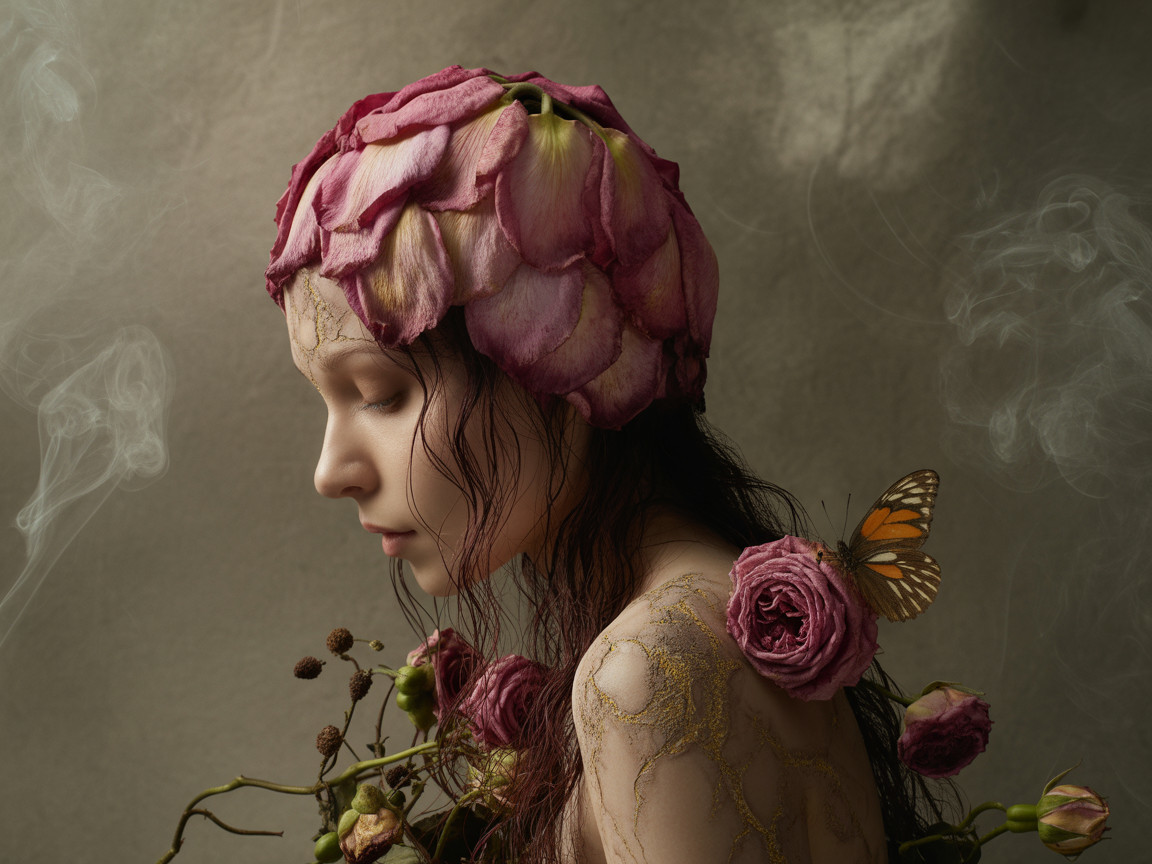 Portrait of a woman with pink roses and golden patterns