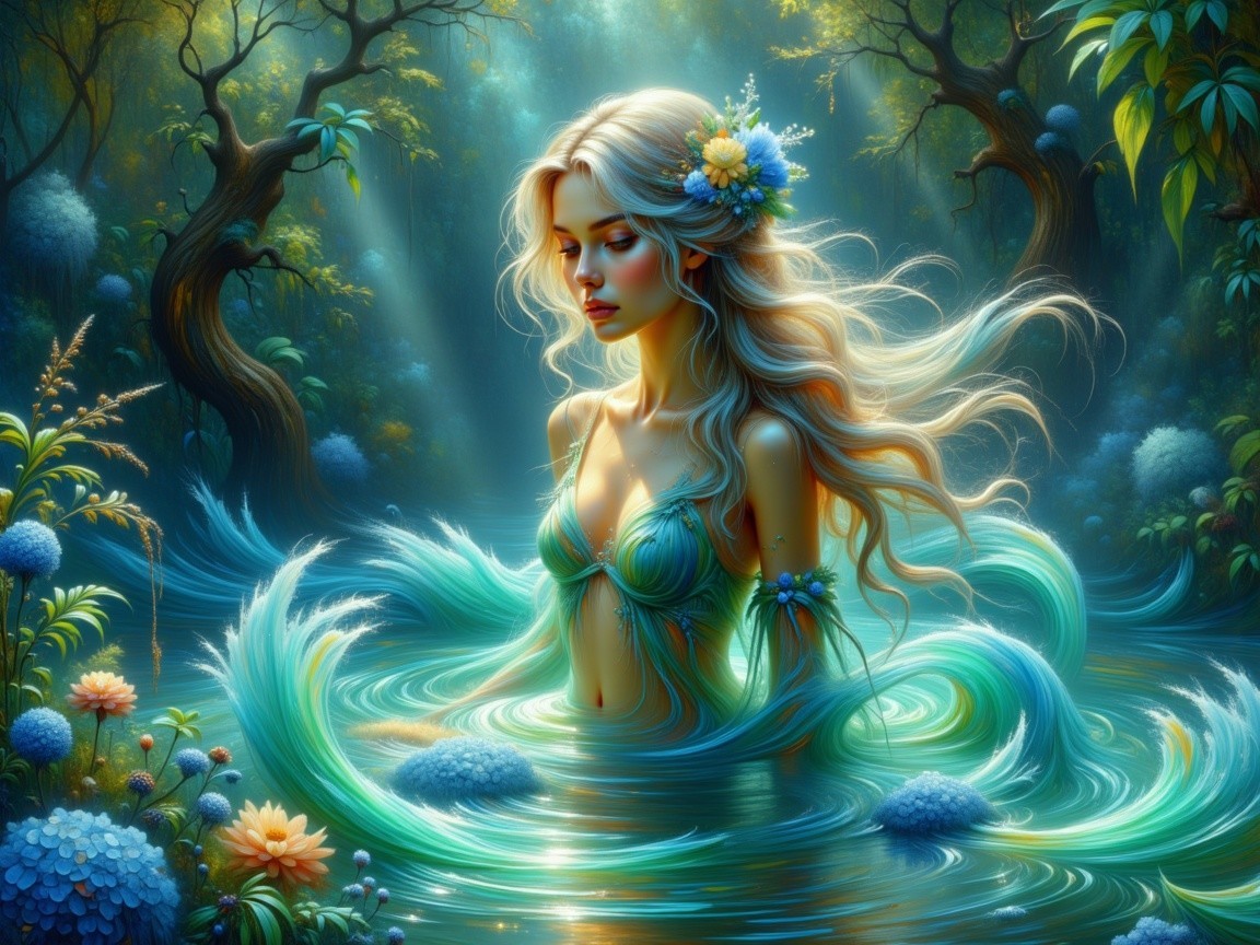 Luminescent Woman in Tranquil Pool Surrounded by Nature