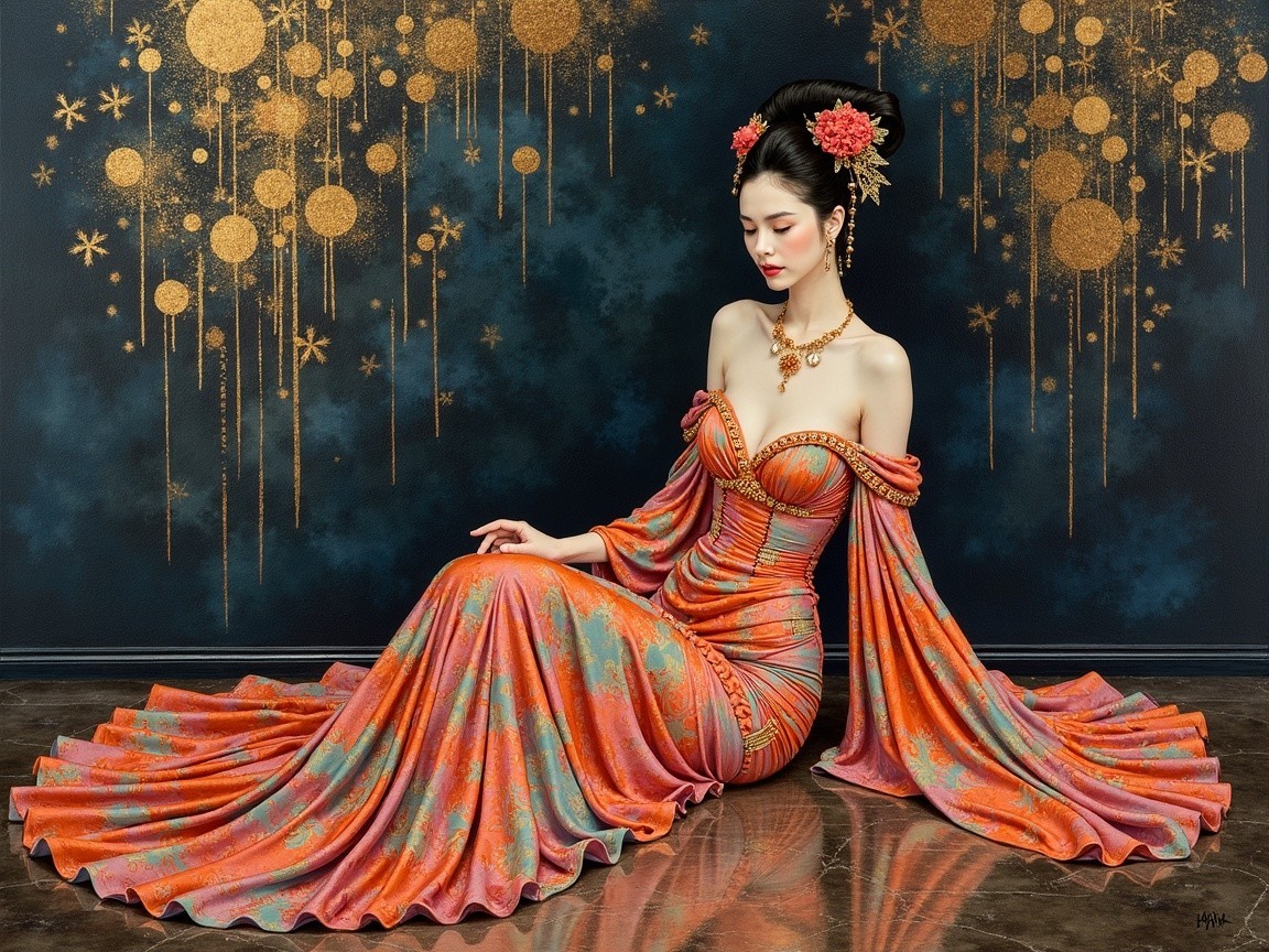 Elegant Woman in Vibrant Dress Against Starry Backdrop
