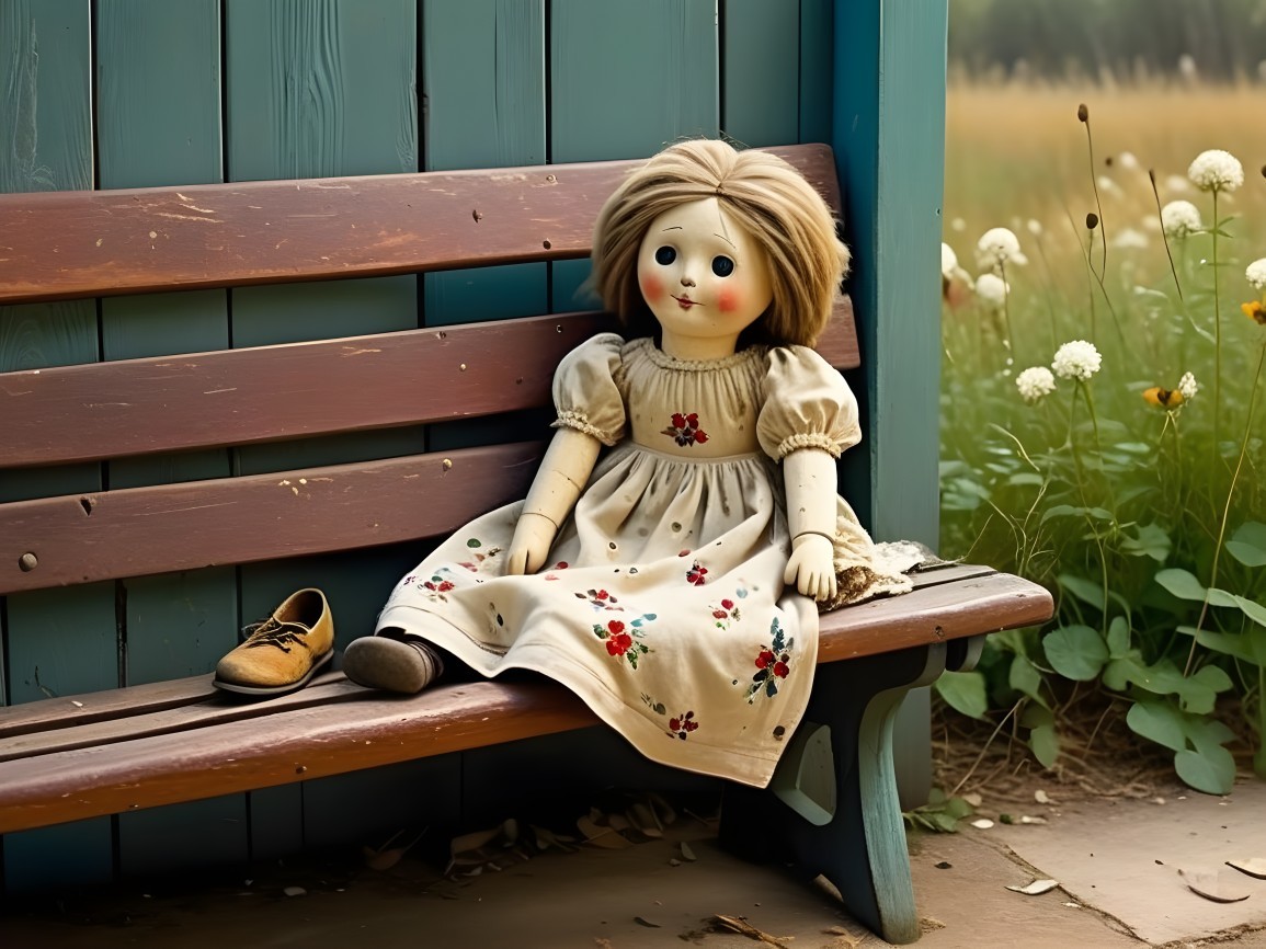 Vintage Porcelain Doll on Rustic Wooden Bench