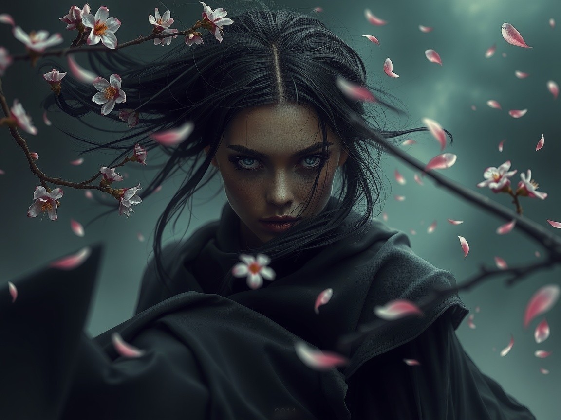 Mysterious figure amidst dark clouds and cherry blossoms