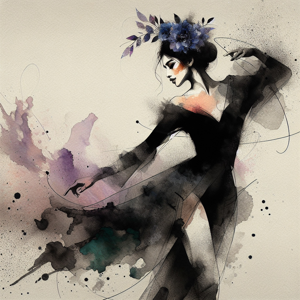 Elegant dancer in black gown with floral accents