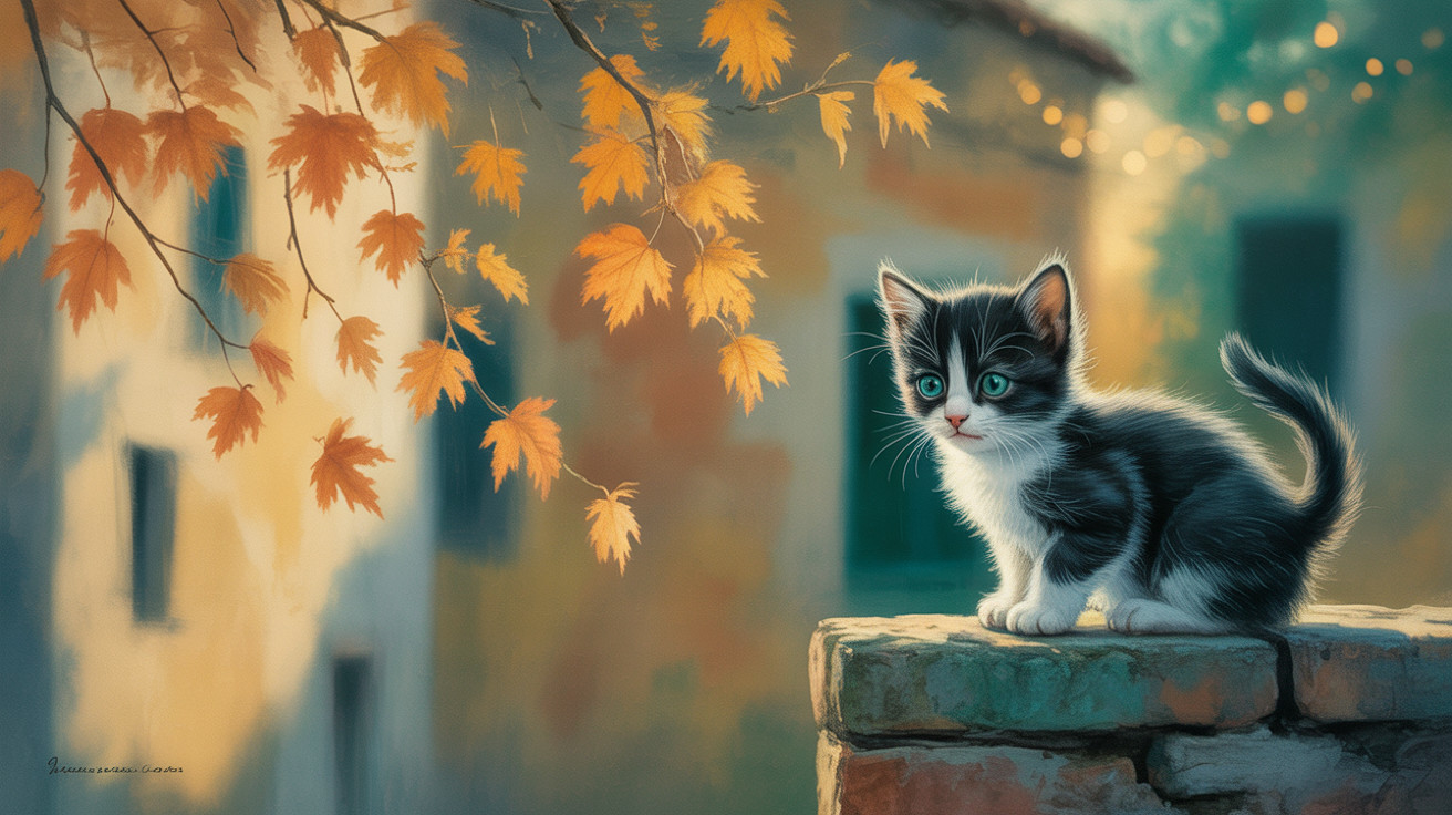 Black and white kitten on stone wall with autumn leaves