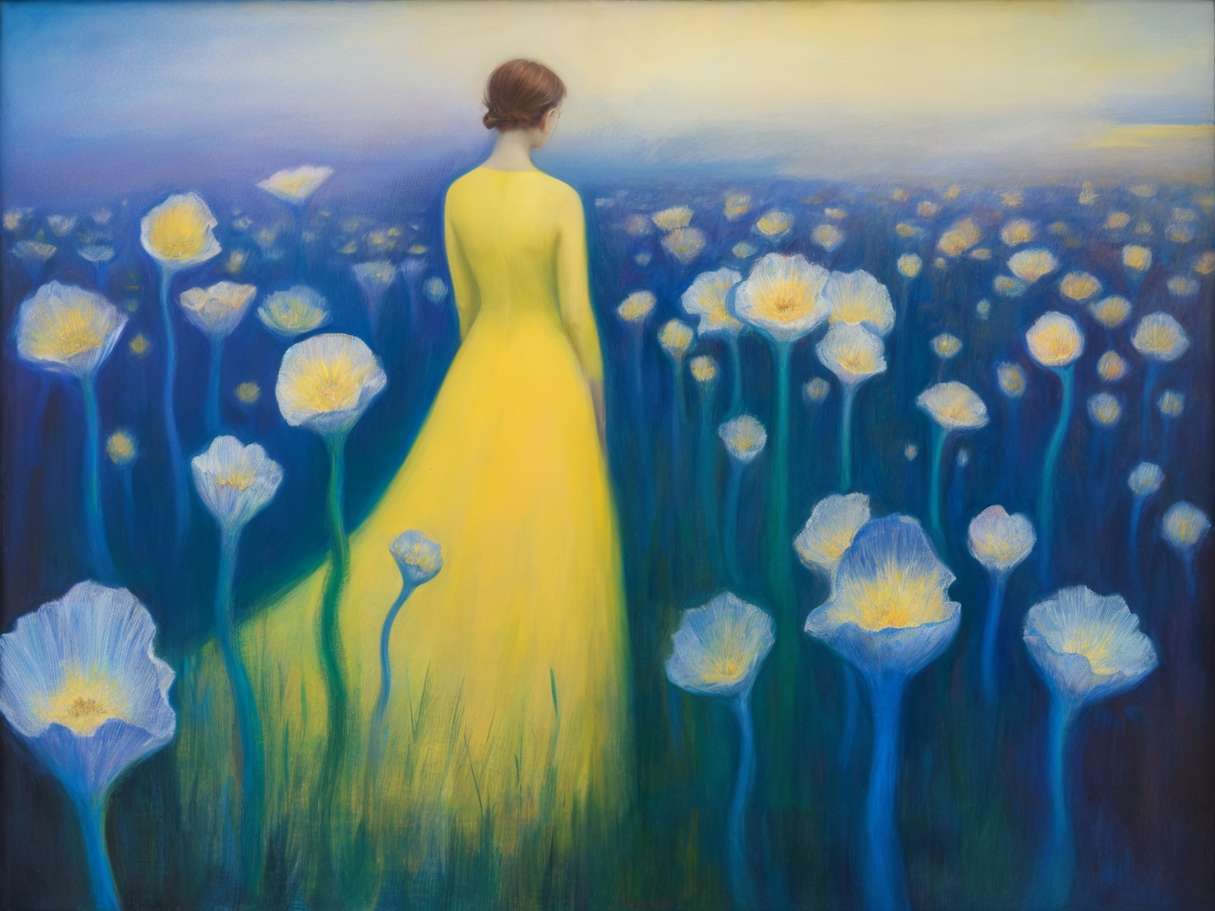 Contemplative Figure in Vibrant Flower Field