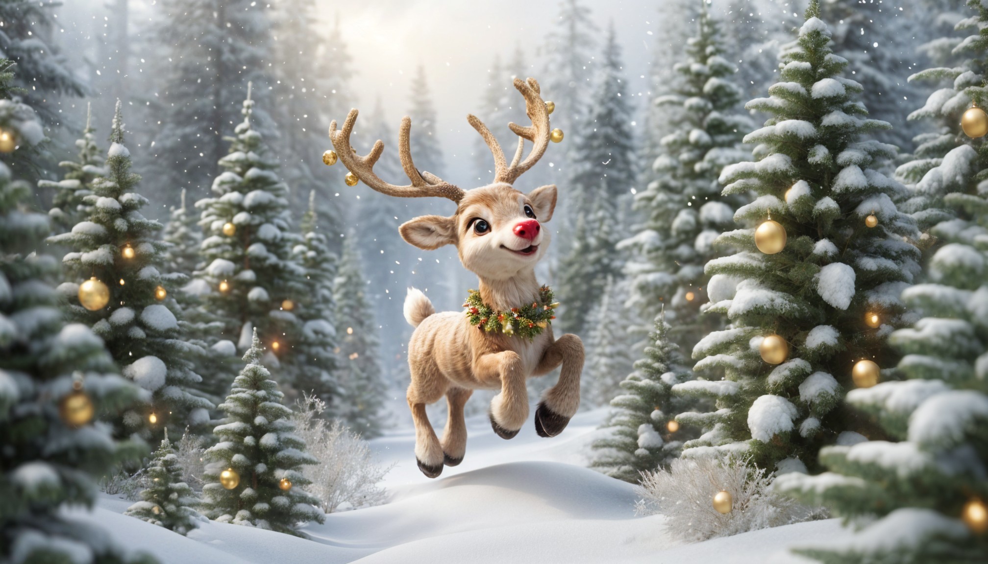 Cartoon Reindeer in a Snowy Winter Wonderland
