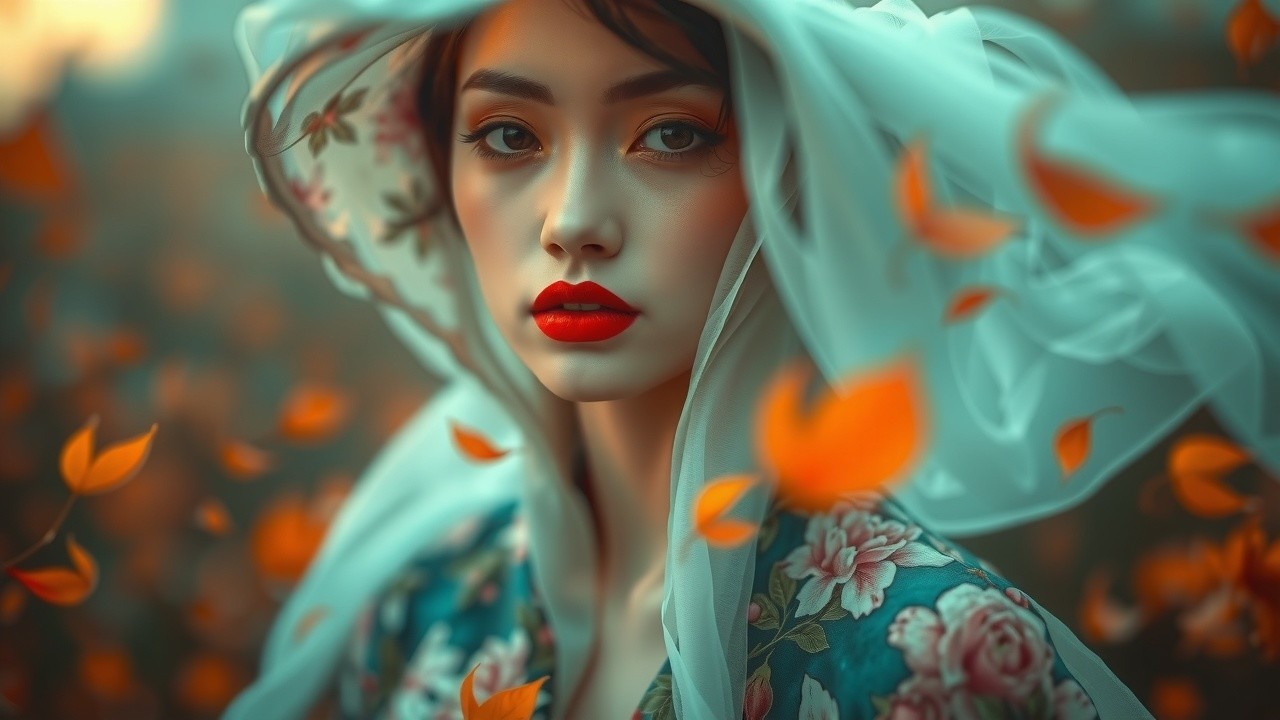 Serene portrait of a woman in soft fabric and autumn leaves