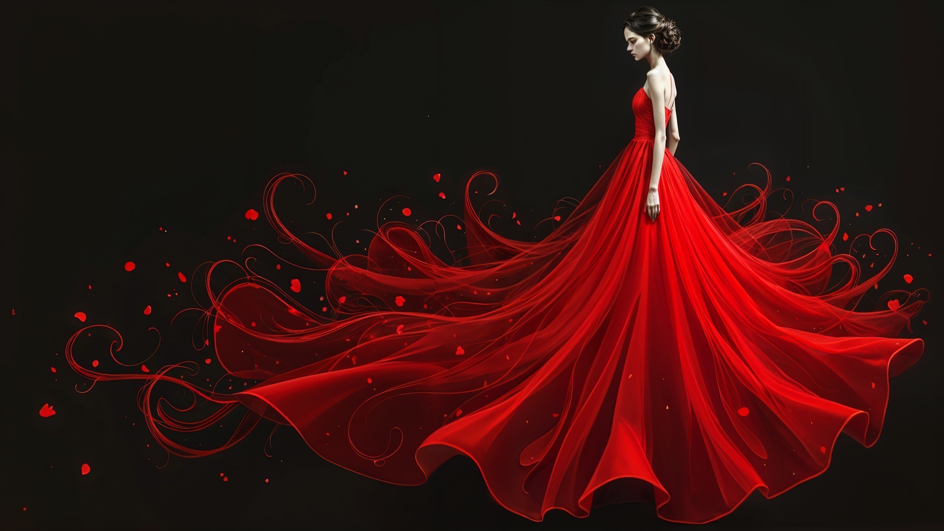 Elegant figure in flowing red gown against dark backdrop