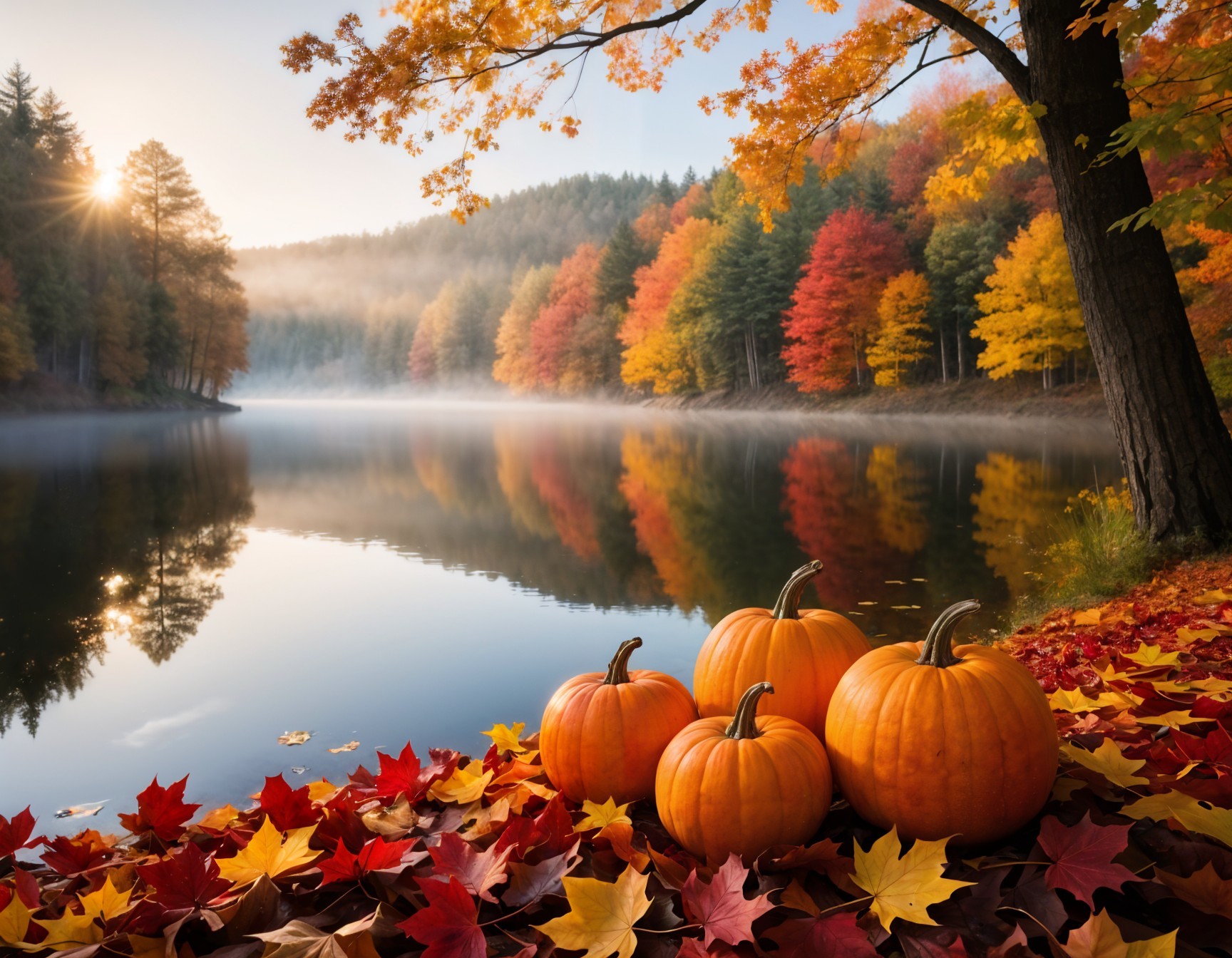 Serene lake with autumn foliage and pumpkins