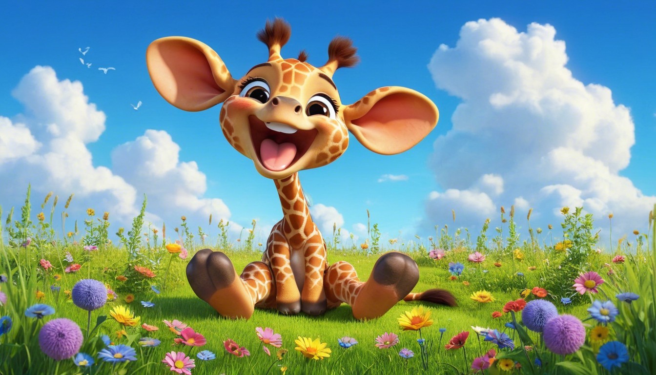 Cheerful cartoon giraffe in a colorful flower field