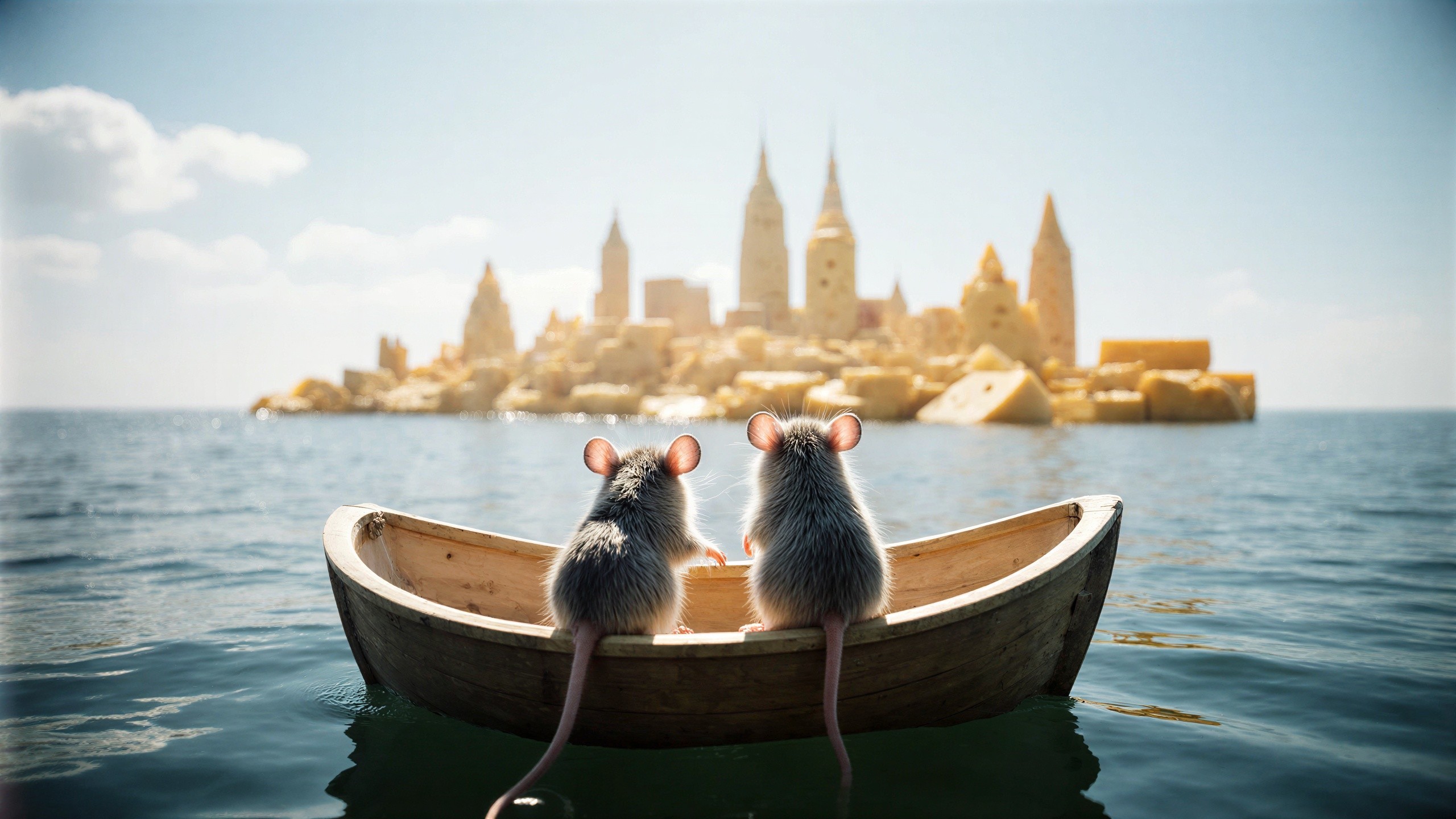 Mice in a Boat Viewing a Sunlit Castle Landscape